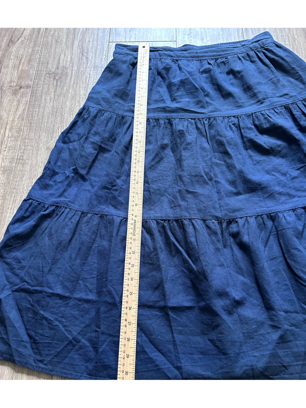 Linen blend Tiered Midi pull on Skirt Navy Blue with pockets fall neutral basic - Picture 7 of 8